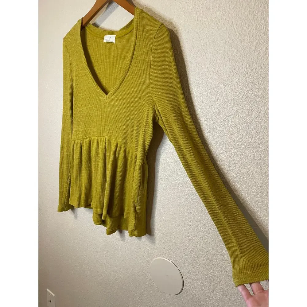 Anthropologie T.La V Neck Ribbed Babydoll Long Sleeve Top Citron Yellow Green XS - Picture 11 of 15